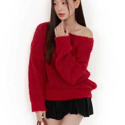 one-shoulder-solid-sweater-od412 / Red
