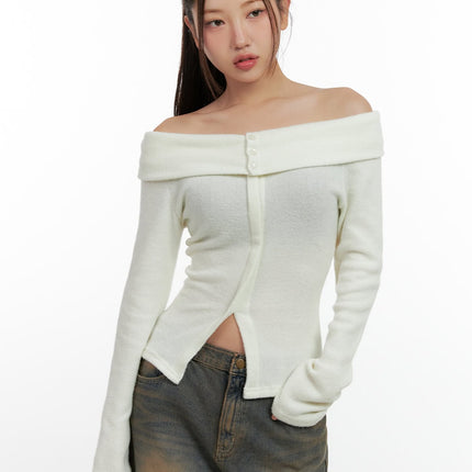 buttoned-off-shoulder-blouse-cn412 / White