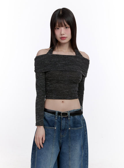 Off-Shoulder Crop Top with Halter Strap CF512