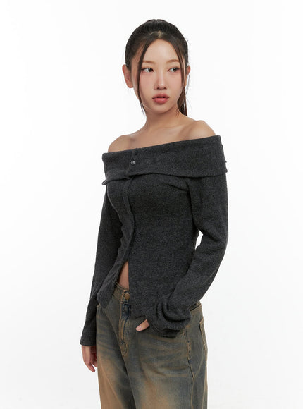 buttoned-off-shoulder-blouse-cn412 / Dark gray